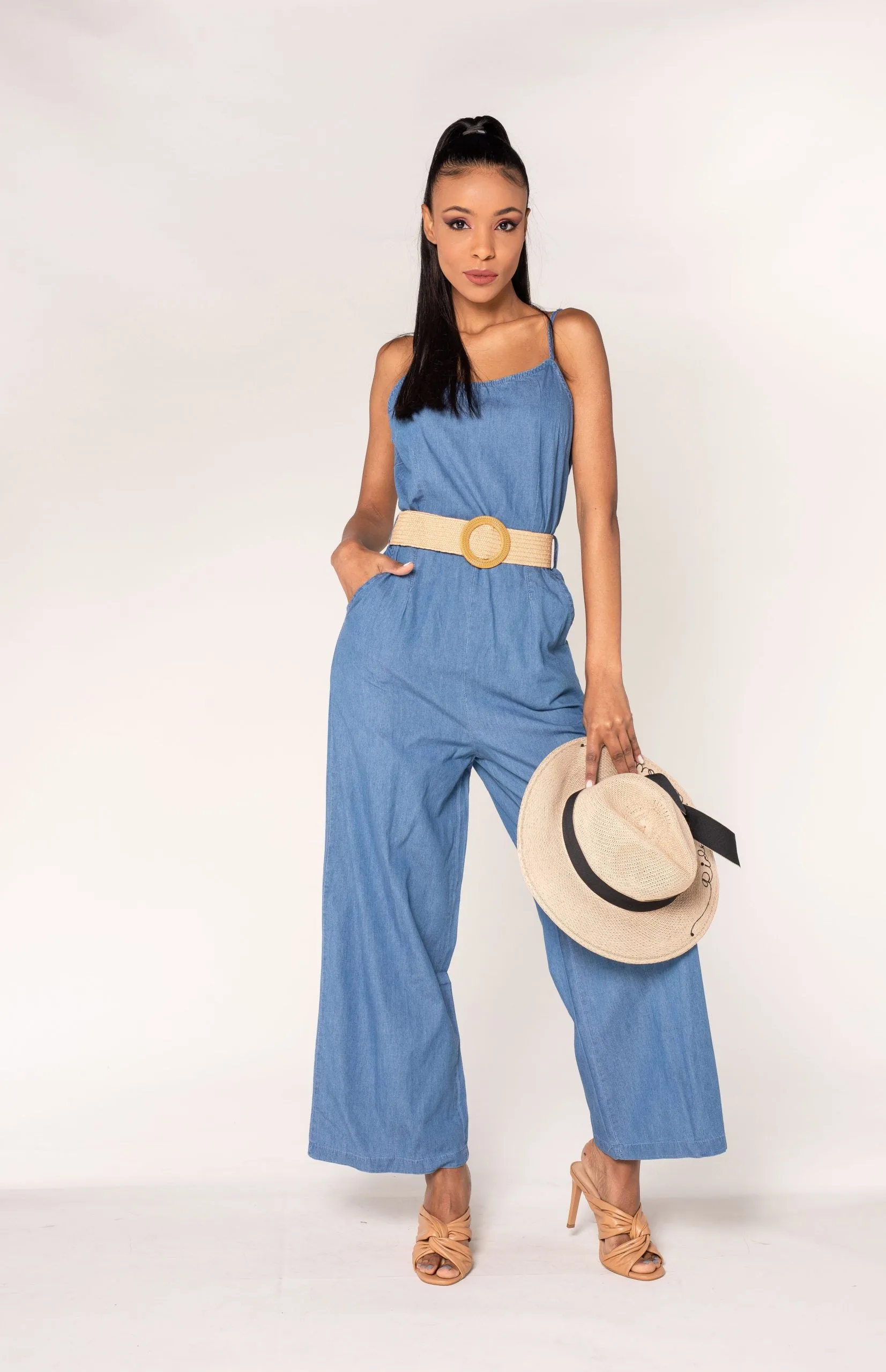 Wholesale Blue Long Denim Jumpsuit with Adjustable Straps and Belt