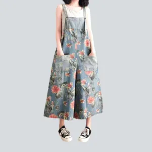 Wide-leg flowery women's denim jumpsuit