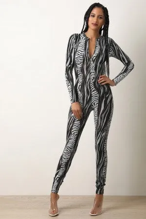 Wild Print Glitter Accent Catsuit Jumpsuit