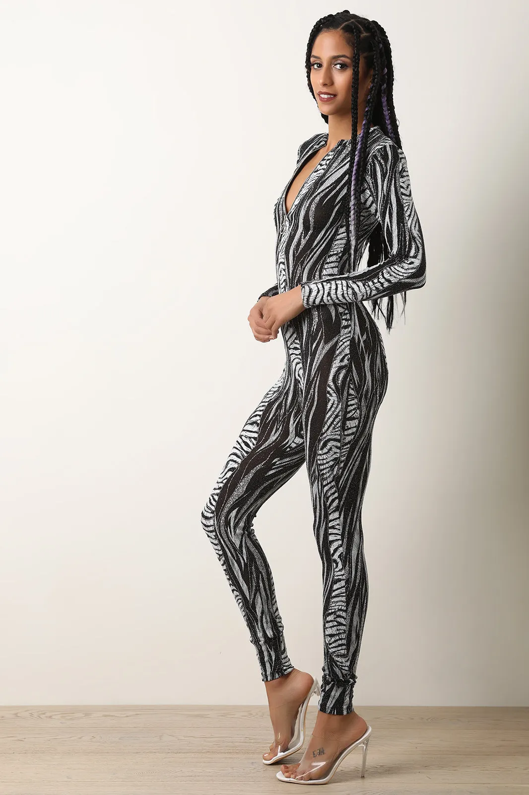 Wild Print Glitter Accent Catsuit Jumpsuit