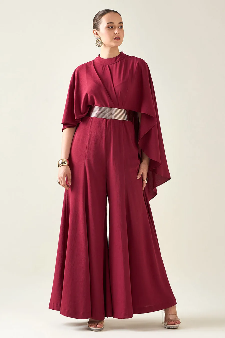 Wine Alloy Jumpsuit With Metallic Finish Belt