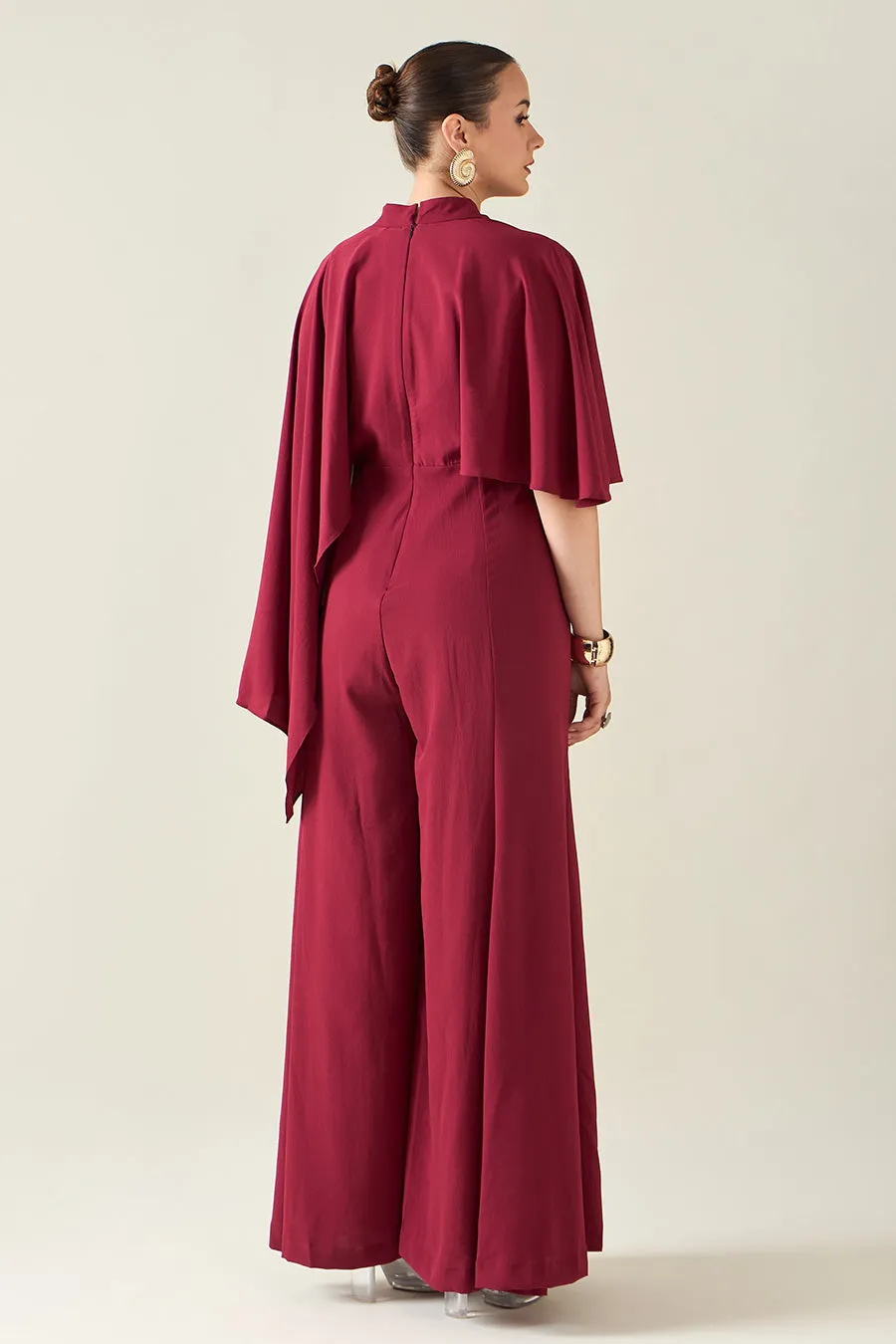 Wine Alloy Jumpsuit With Metallic Finish Belt