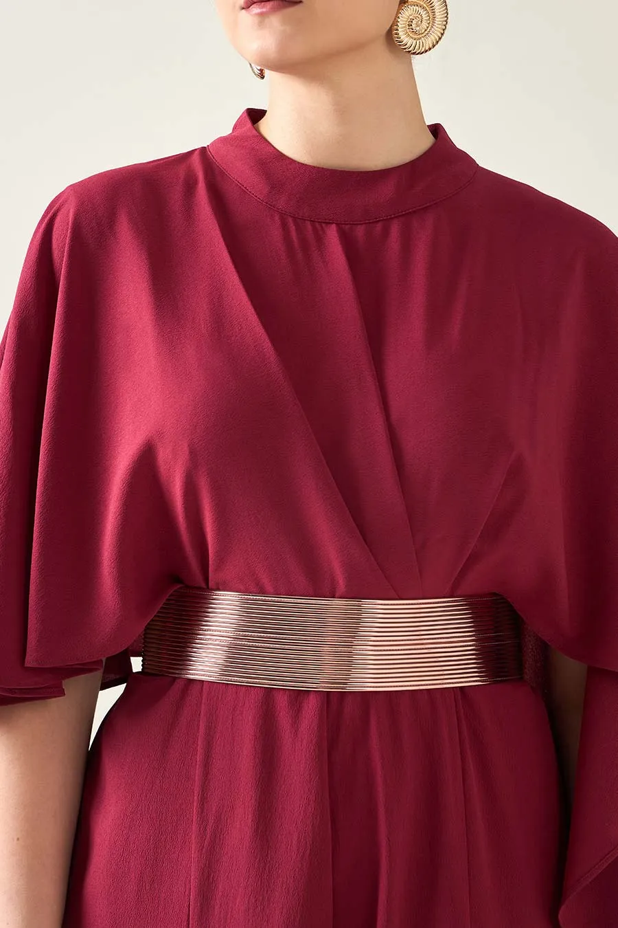 Wine Alloy Jumpsuit With Metallic Finish Belt