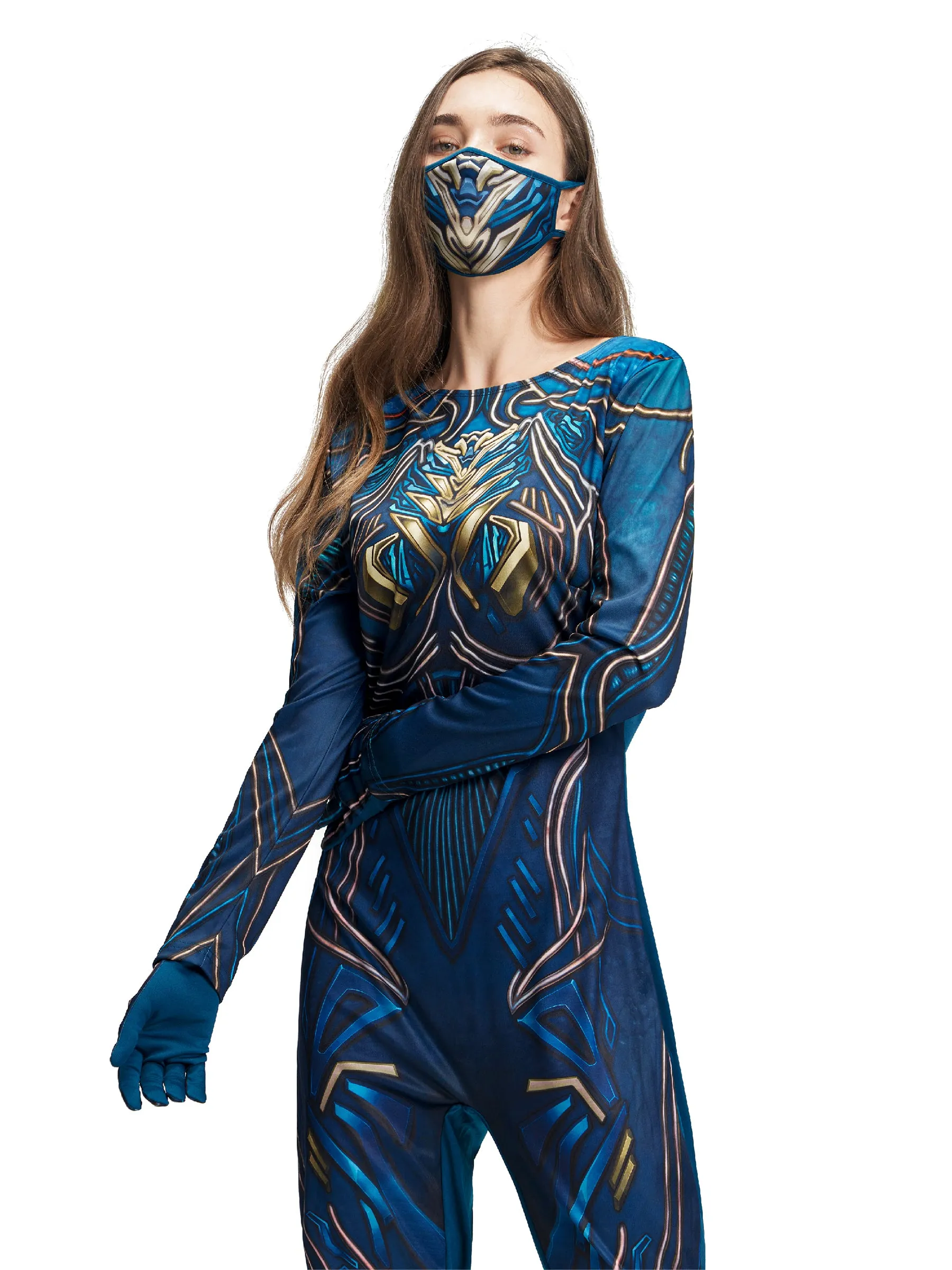 Women Alien Metallic Jumpsuit Mask Gloves Set Halloween Costume