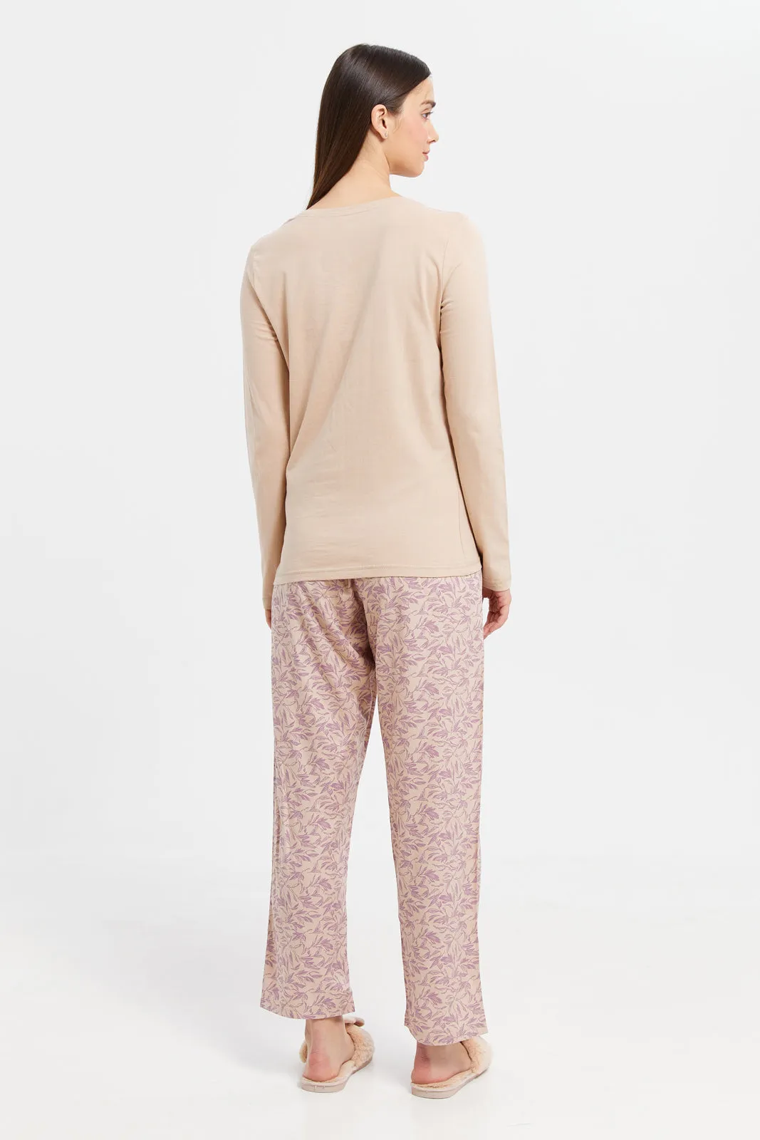 Women Beige Chest Print Pyjama Set (2 Piece)