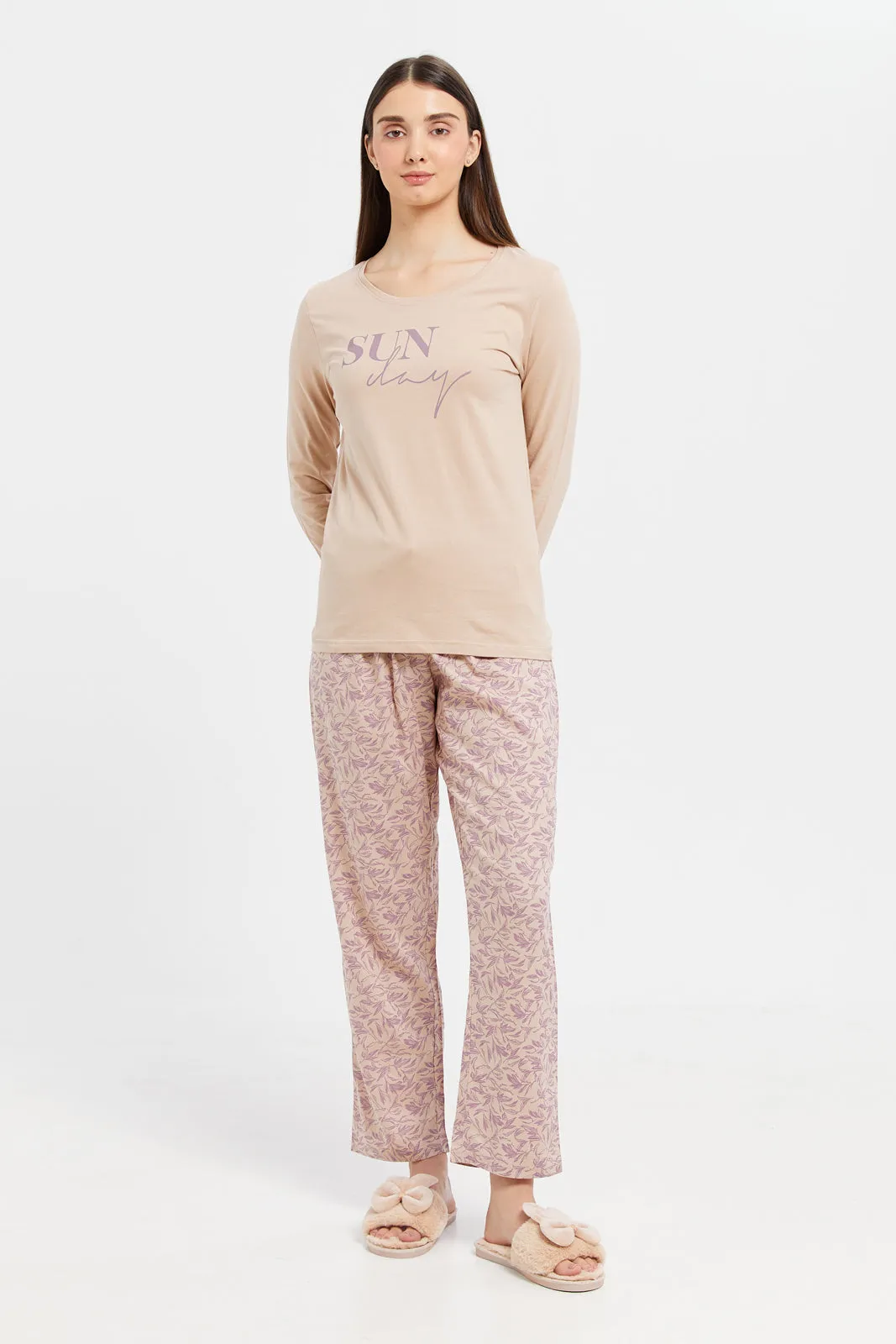 Women Beige Chest Print Pyjama Set (2 Piece)