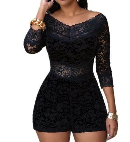 Women Black Lace Overlay Off-shoulder Jumpsuit