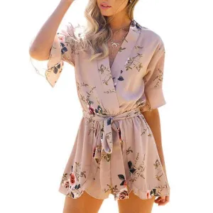 Women Boho Floral Print V Neck Jumpsuit