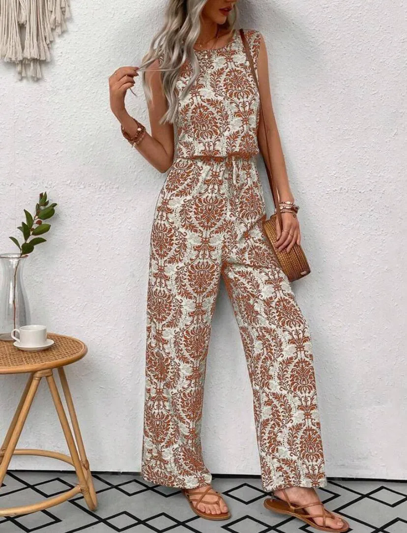 Women Boho Sleeveless Paisley Jumpsuit With Elastic Waist