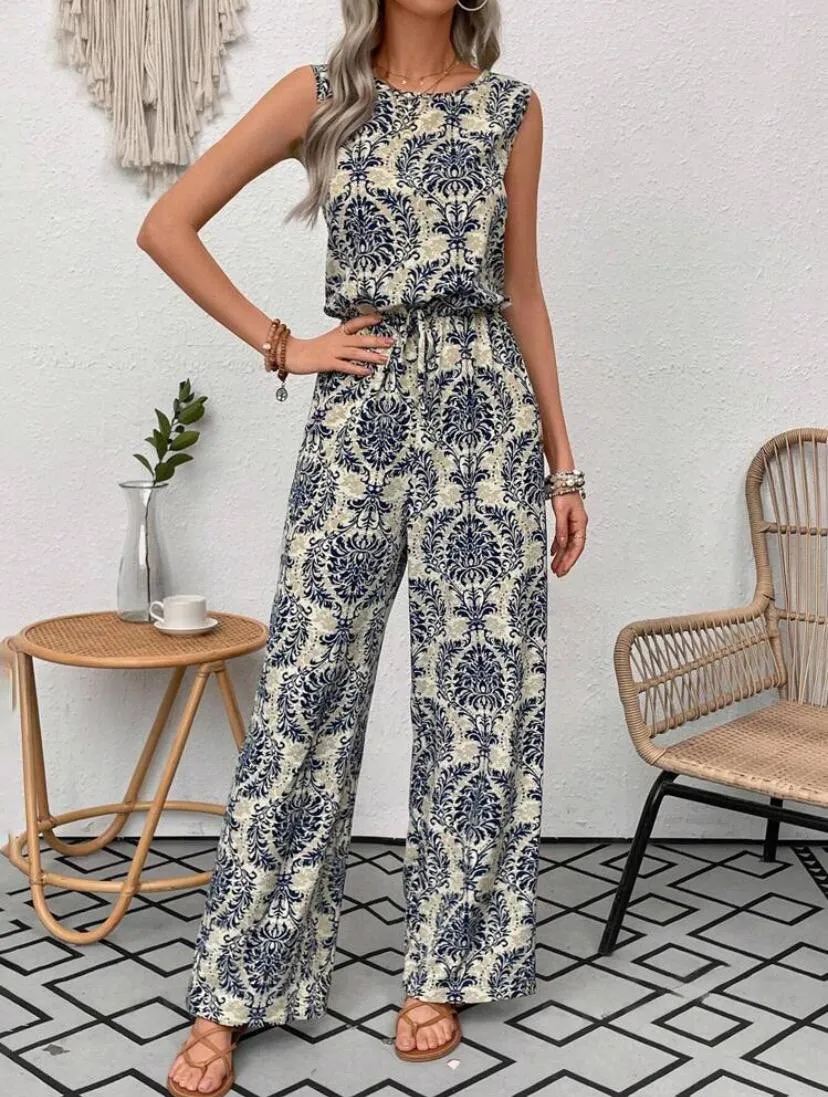 Women Boho Sleeveless Paisley Jumpsuit With Elastic Waist