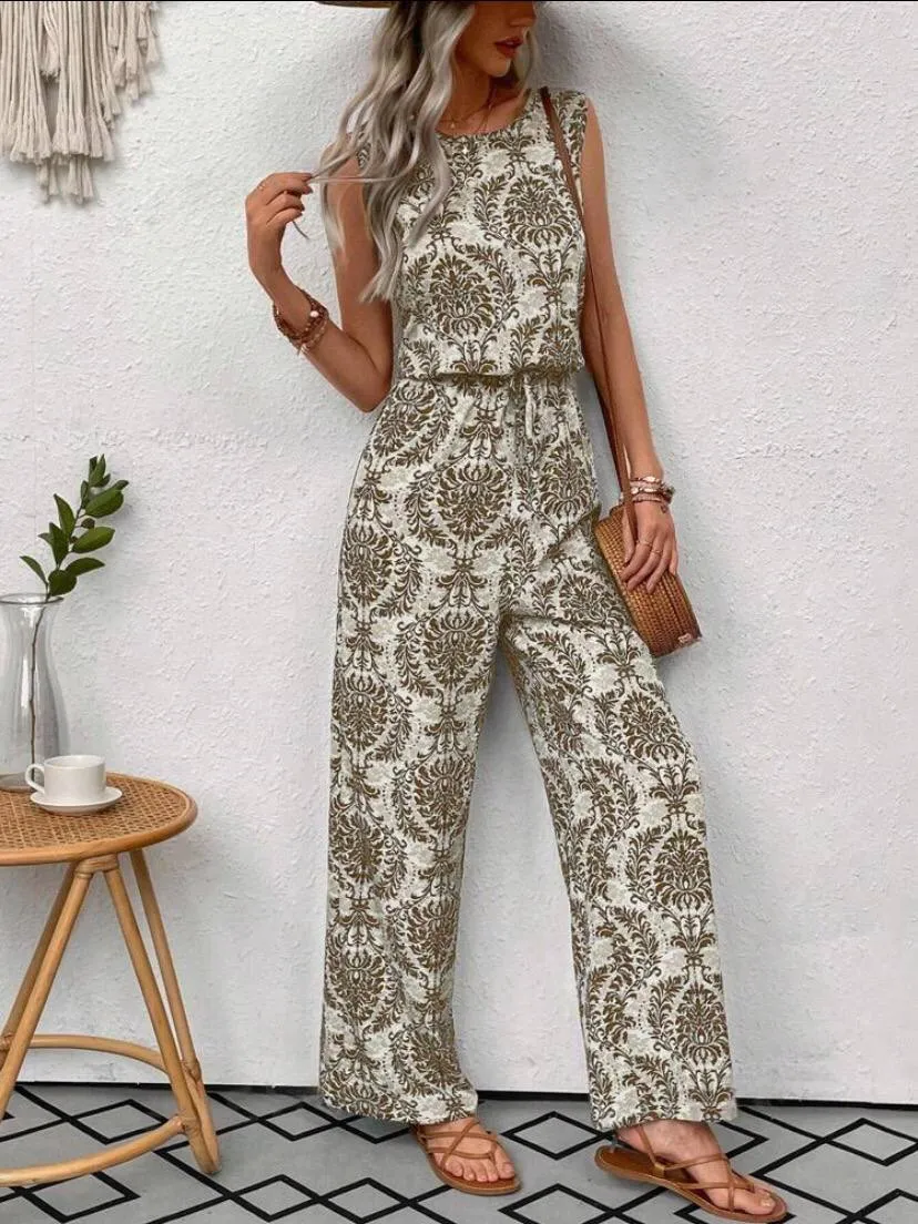 Women Boho Sleeveless Paisley Jumpsuit With Elastic Waist