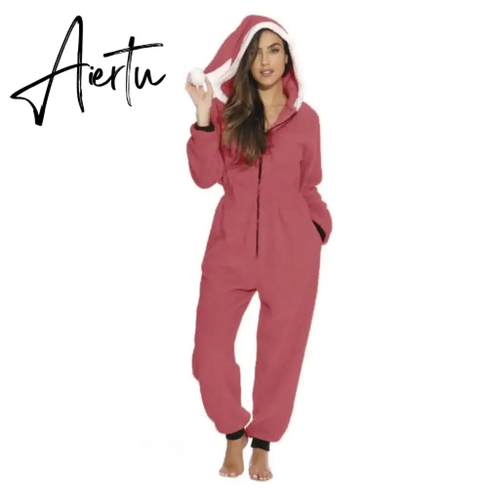 Women Christmas Hooded Pajama Coral Fleece Solid Color Zipper Jumpsuit Lady Winter Thermal Home Sleep Wear Green/Pink/Red