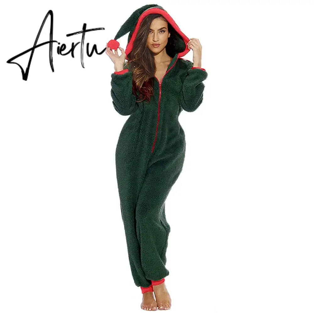 Women Christmas Hooded Pajama Coral Fleece Solid Color Zipper Jumpsuit Lady Winter Thermal Home Sleep Wear Green/Pink/Red