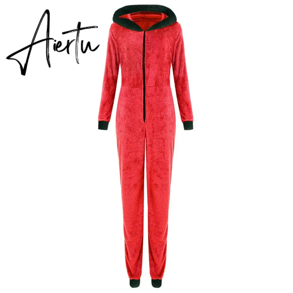 Women Christmas Hooded Pajama Coral Fleece Solid Color Zipper Jumpsuit Lady Winter Thermal Home Sleep Wear Green/Pink/Red