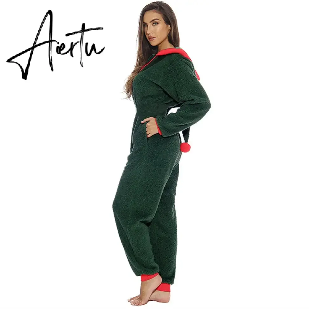 Women Christmas Hooded Pajama Coral Fleece Solid Color Zipper Jumpsuit Lady Winter Thermal Home Sleep Wear Green/Pink/Red