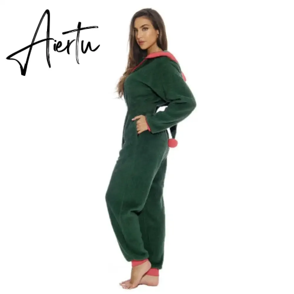 Women Christmas Hooded Pajama Coral Fleece Solid Color Zipper Jumpsuit Lady Winter Thermal Home Sleep Wear Green/Pink/Red