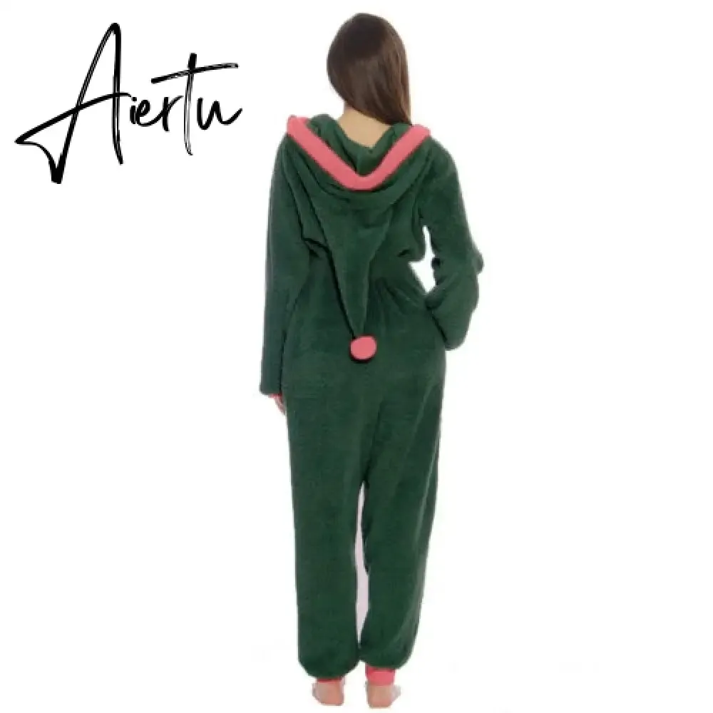 Women Christmas Hooded Pajama Coral Fleece Solid Color Zipper Jumpsuit Lady Winter Thermal Home Sleep Wear Green/Pink/Red