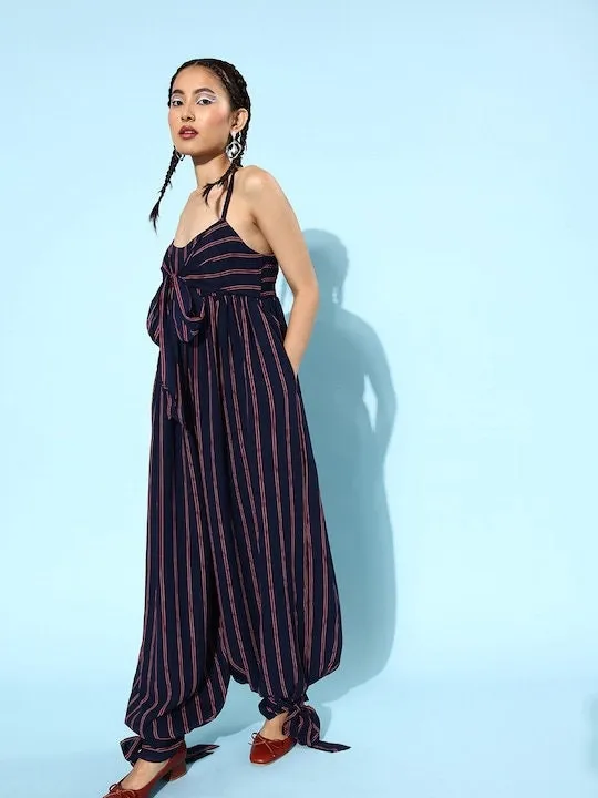 Women Deep Navy Blue Striped Twist & Knot Jumpsuit