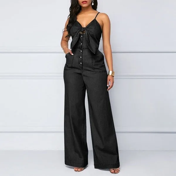 Women Denim Spaghetti Straps Jeans Wide Leg Playsuits