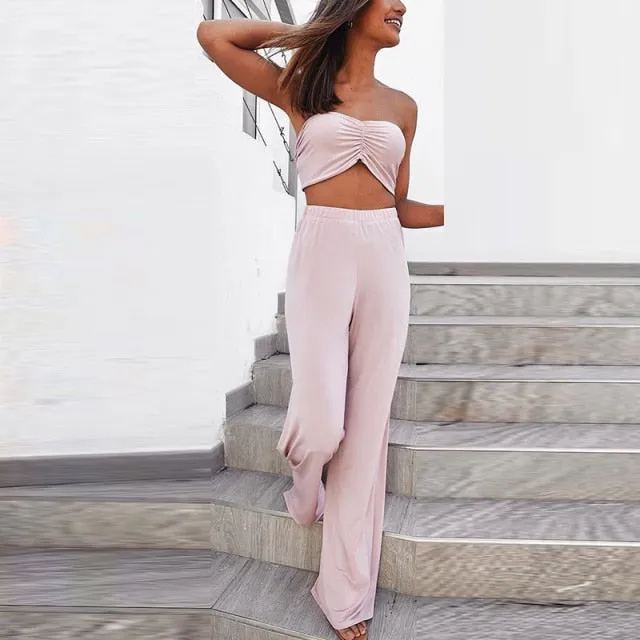 Women High Waist Lace Up Wide Leg Pants Summer Jumpsuit