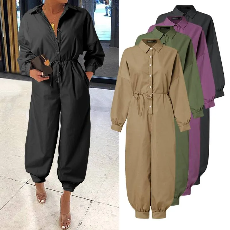 Women Long Sleeve Belted Vintage Jumpsuits