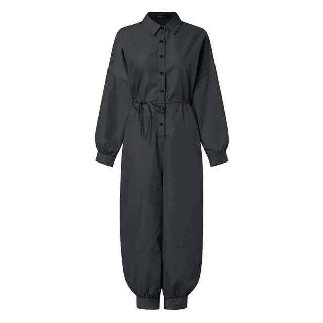 Women Long Sleeve Belted Vintage Jumpsuits