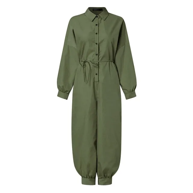 Women Long Sleeve Belted Vintage Jumpsuits