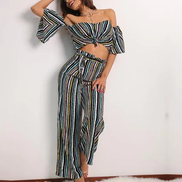 Women Off Shoulder Two Piece Striped Jumpsuit