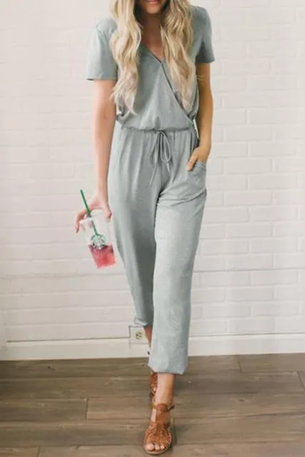 Women Short Sleeve V-neck Lace Up Decor Jumpsuit