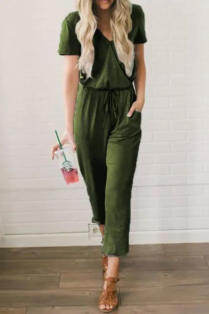 Women Short Sleeve V-neck Lace Up Decor Jumpsuit