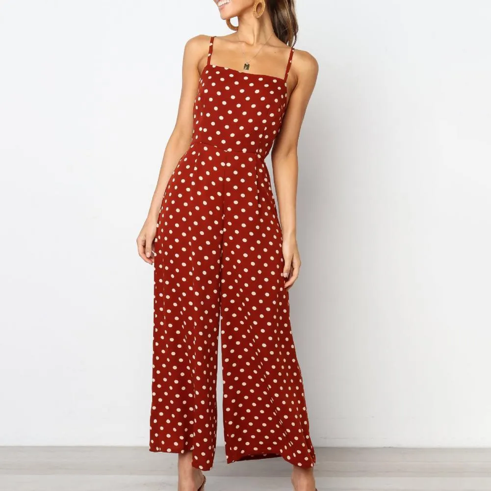 Women Sleeveless Polka Dots Loose Trousers Rompers