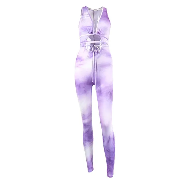 Women Tie-dyed Printed Pattern Deep V-neck Sleeveless Jumpsuit