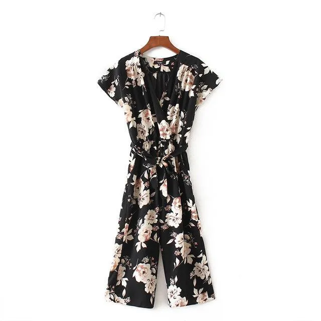 Women V neck Floral Jumpsuit Casual