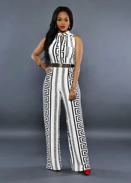 Women V-neck Geometric Print Sleeveless Jumpsuit