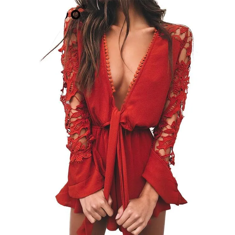 Women V Neck Lace Jumpsuit