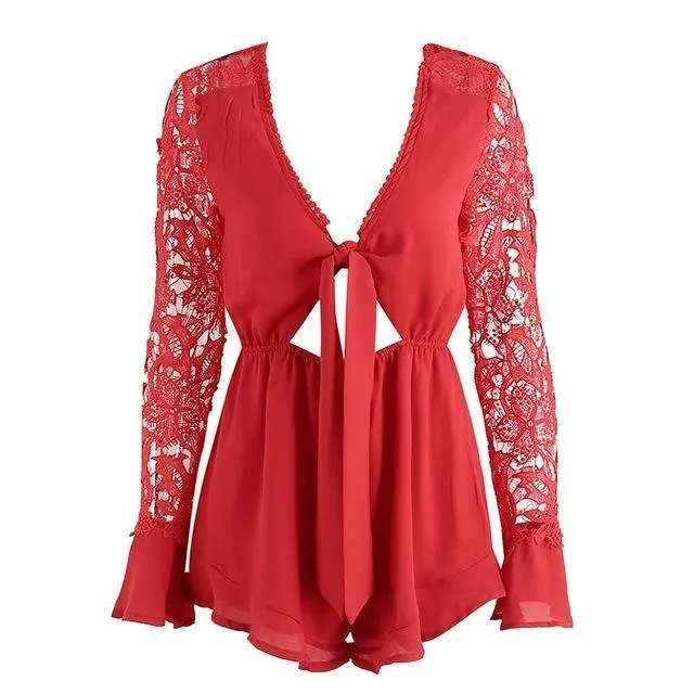 Women V Neck Lace Jumpsuit