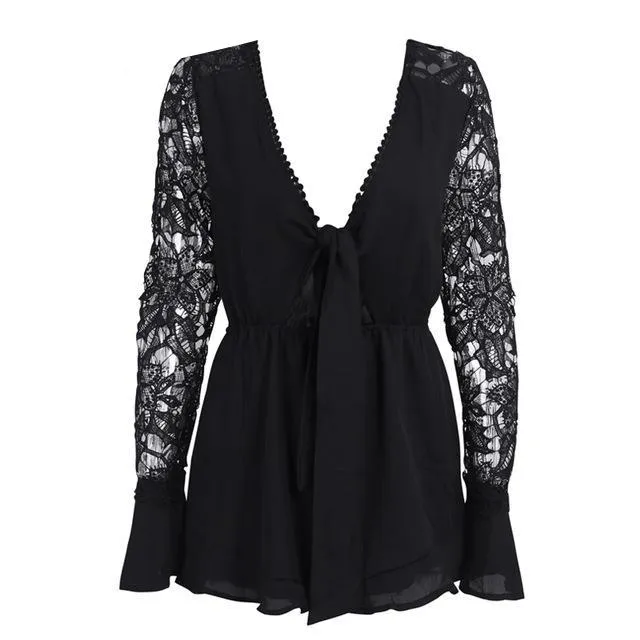 Women V Neck Lace Jumpsuit