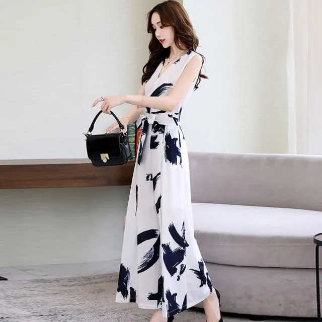 Women Vintage V Neck Print Chic Jumpsuits