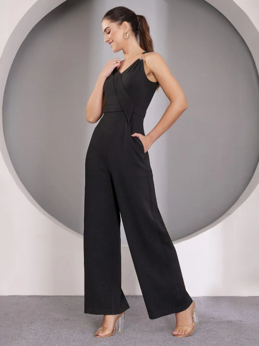 Women's Black V-Neck Sleeveless Solid Wrap Regular Length Jumpsuit