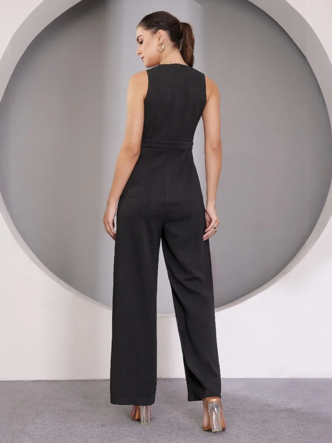 Women's Black V-Neck Sleeveless Solid Wrap Regular Length Jumpsuit