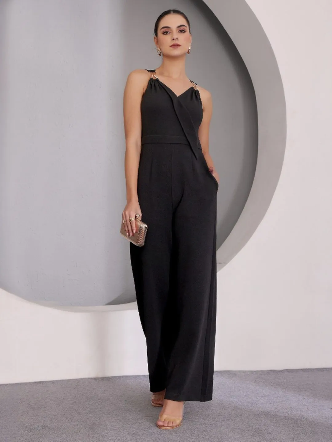 Women's Black V-Neck Sleeveless Solid Wrap Regular Length Jumpsuit