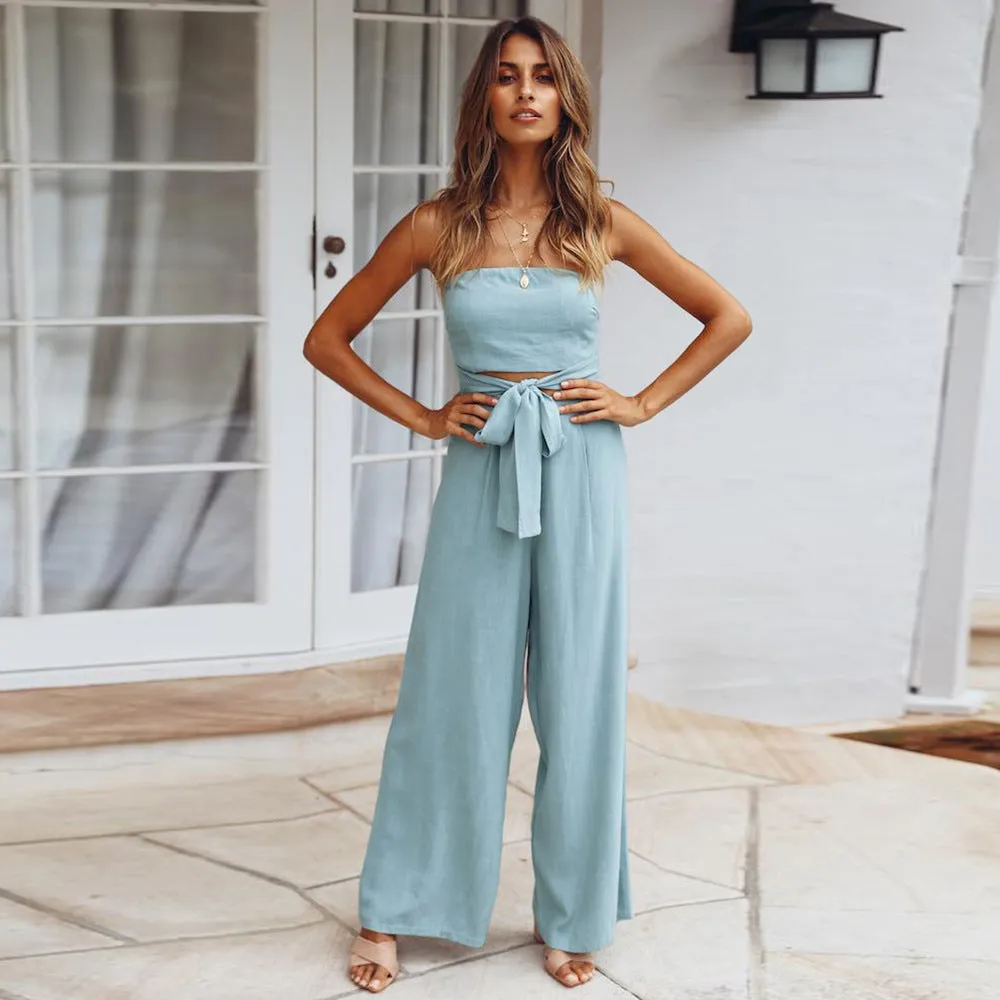 Women's Blue Strapless Belted Wide Leg Jumpsuit