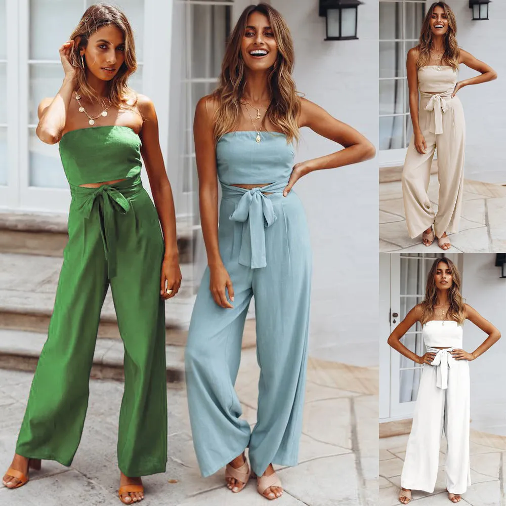 Women's Blue Strapless Belted Wide Leg Jumpsuit