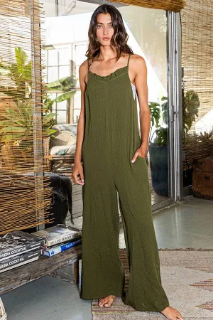 Women's Bucketlist Ruffled Neckline Wide Leg Solid Olive Jumpsuit