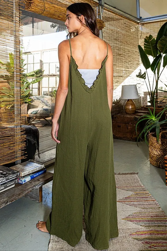 Women's Bucketlist Ruffled Neckline Wide Leg Solid Olive Jumpsuit