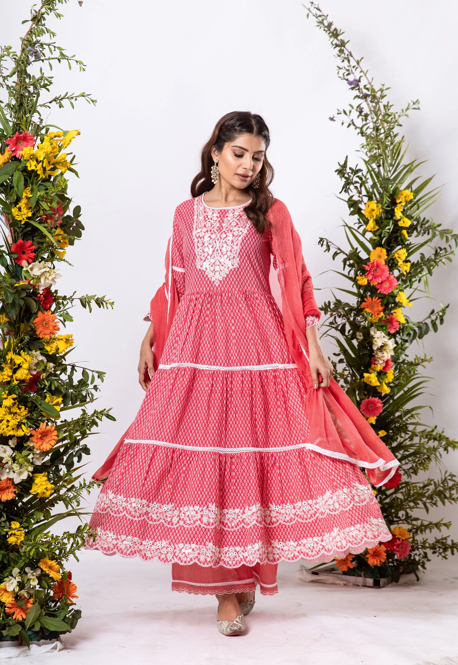 Womens Cotton Pink Tiered Kurta Palazzo and Dupatta Set