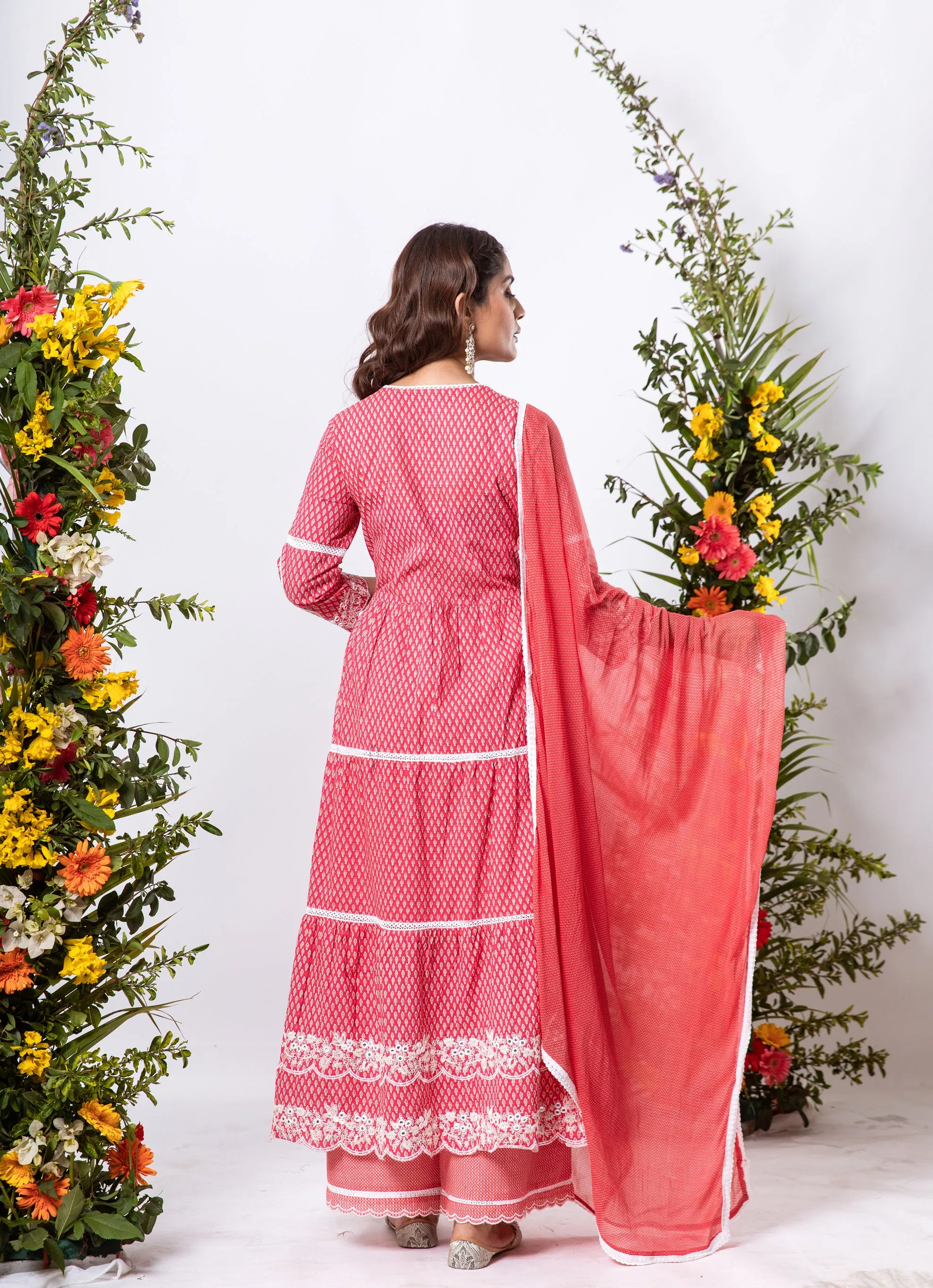 Womens Cotton Pink Tiered Kurta Palazzo and Dupatta Set