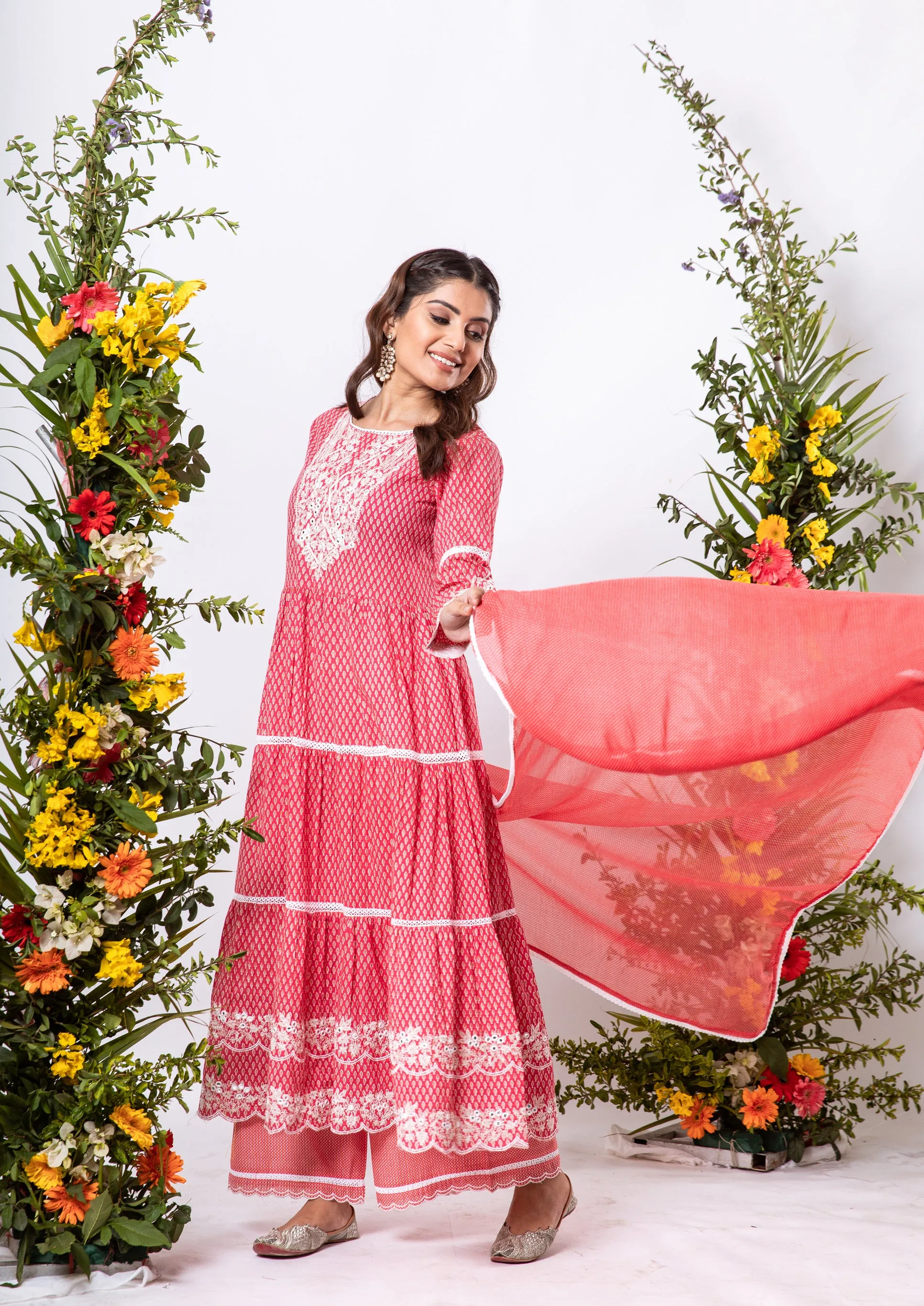 Womens Cotton Pink Tiered Kurta Palazzo and Dupatta Set