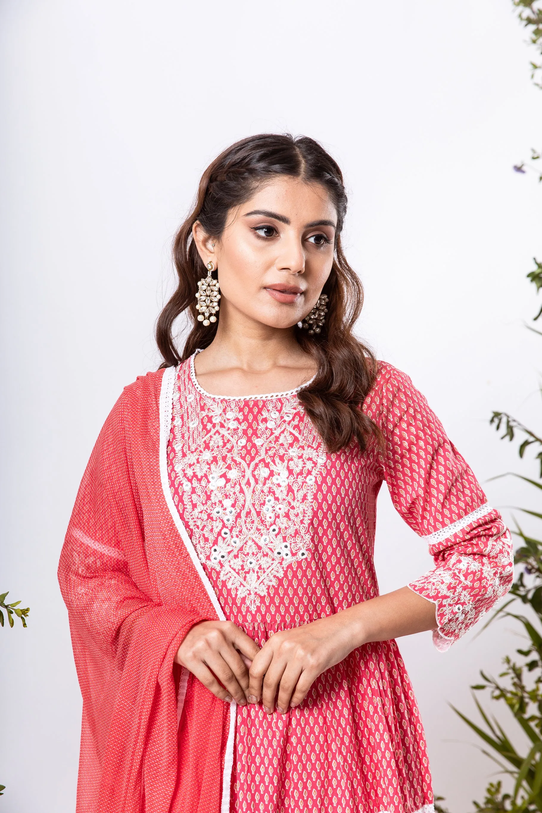 Womens Cotton Pink Tiered Kurta Palazzo and Dupatta Set