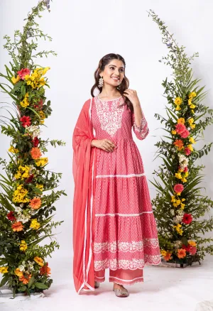 Womens Cotton Pink Tiered Kurta Palazzo and Dupatta Set